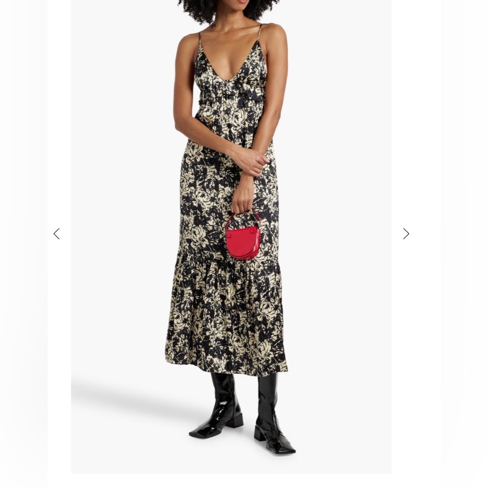Ganni Ruffled printed satin-crepe midi dress